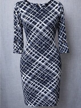 Tommy Hilfiger Navy White Plaid Dress Size 4 3/4 Sleeve Sheath Work Career